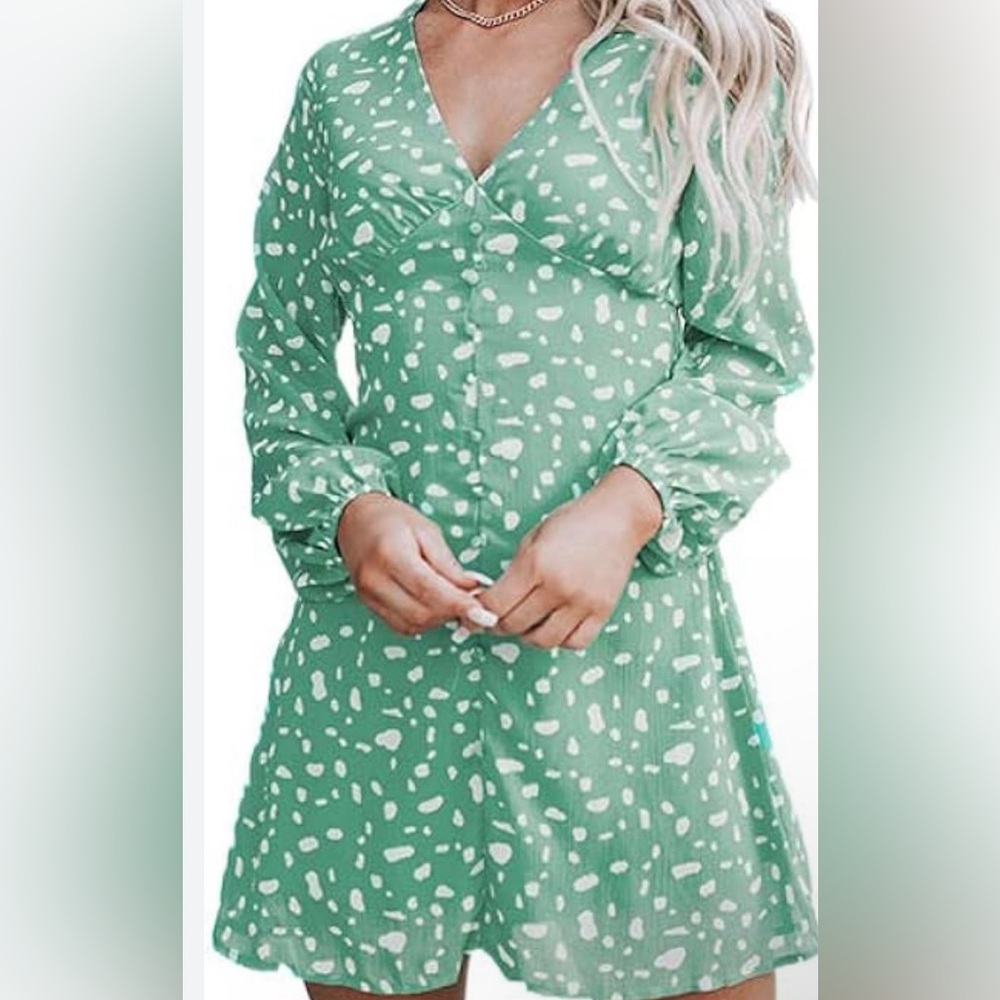 NO BRAND SHOWN green, size LARGE long sleeved, V-neck dress.